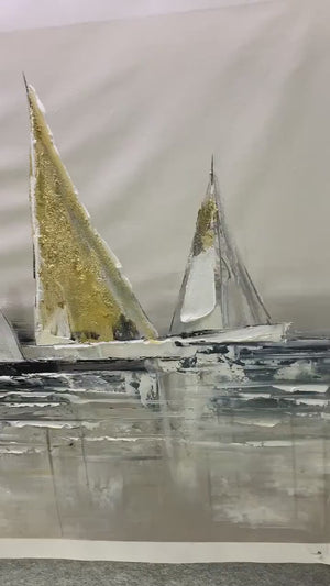Golden Regatta: Panoramic Sailboat Painting | Gold, Silver, Beige | Living Room, Office, Hotel