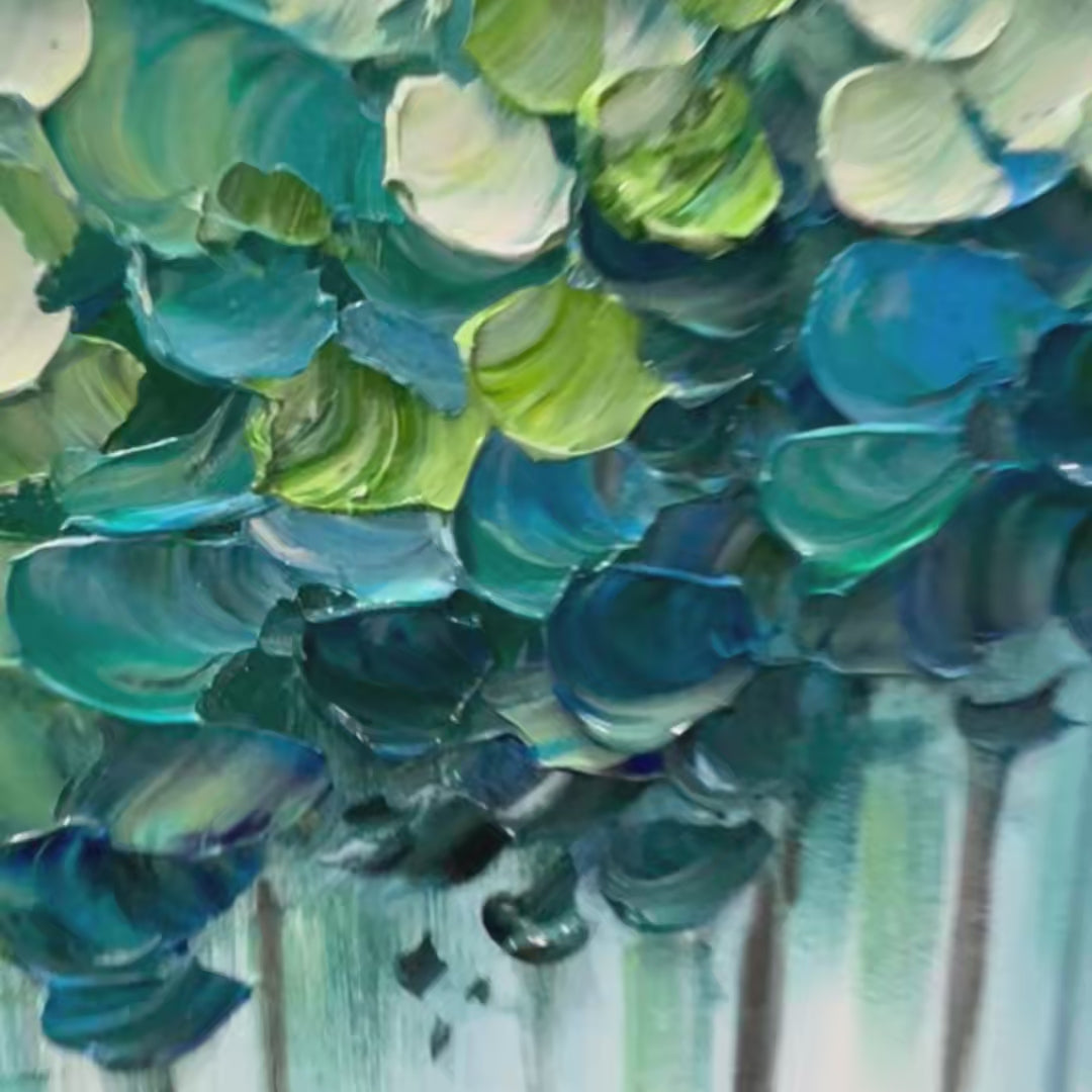 Forest Whispers: Original Textured Panoramic Oil Painting - Blue Green Forest Wall Art