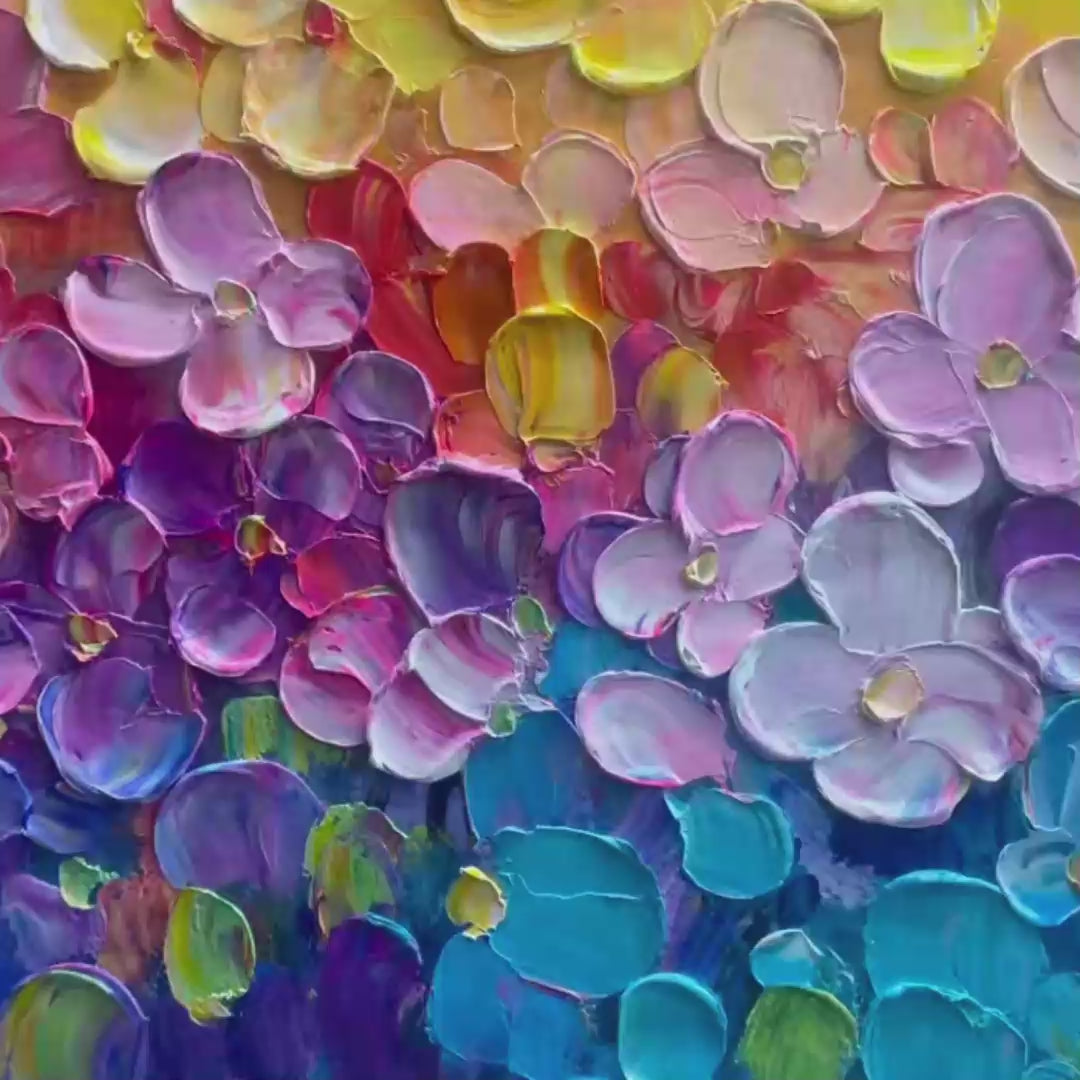 RAINBOW FALLS: Panoramic Impasto Floral Oil Painting in Vibrant Rainbow Hues