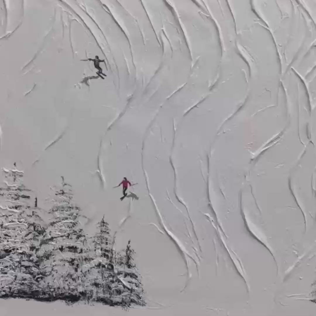Textured white painting "Snowy Carve" showing skiers carving down snowy slopes with pine trees.