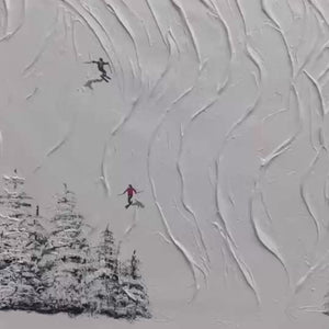 Textured white painting "Snowy Carve" showing skiers carving down snowy slopes with pine trees.