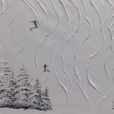 Textured white painting "Snowy Carve" showing skiers carving down snowy slopes with pine trees.