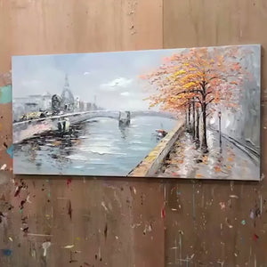 Autumnal River Walk: Panoramic Cityscape Oil Painting with River and Trees on Canvas