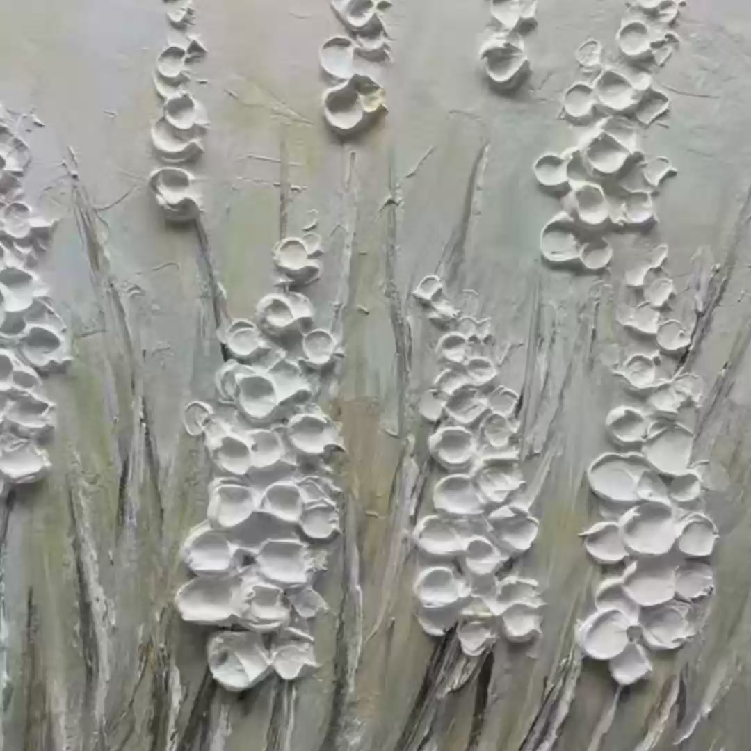 Textured Meadow original oil painting: white floral landscape with impasto technique in green tones, black framed.