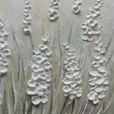 Textured Meadow original oil painting: white floral landscape with impasto technique in green tones, black framed.