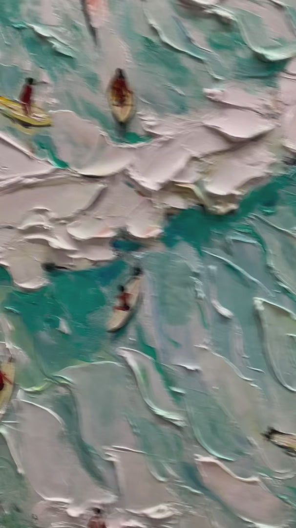Surf's Up: Original Aerial View Surfers Oil Painting - Textured Ocean Wall Art Decor