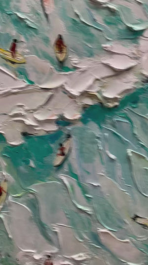 Surf's Up: Original Aerial View Surfers Oil Painting - Textured Ocean Wall Art Decor