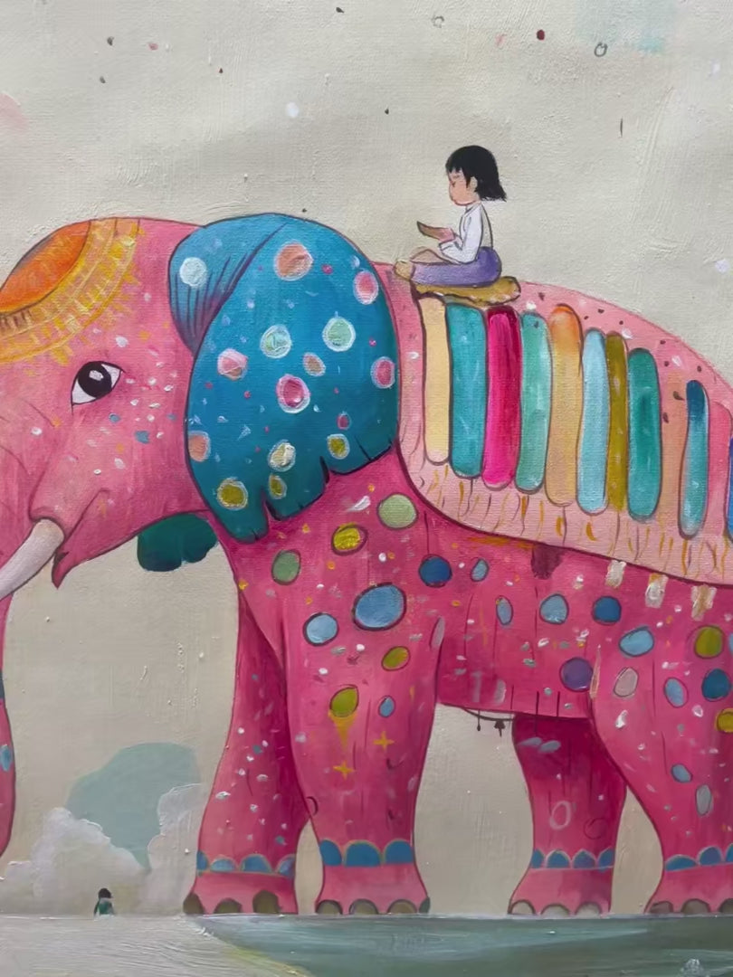 Elephant Dreams: Original Whimsical Elephant and Child Oil
