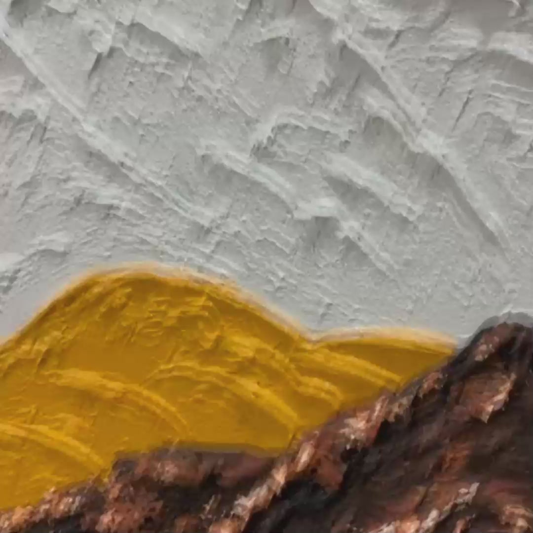 Textured mountain range painting in brown, white, and ochre by Liam O'Connell, showcasing Wabi Sabi aesthetic.