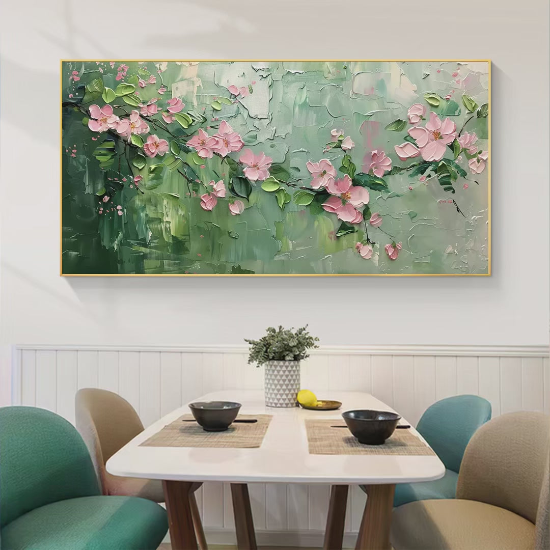 Spring Blossom: Textured Pink Floral Painting on Green for Romantic Decor