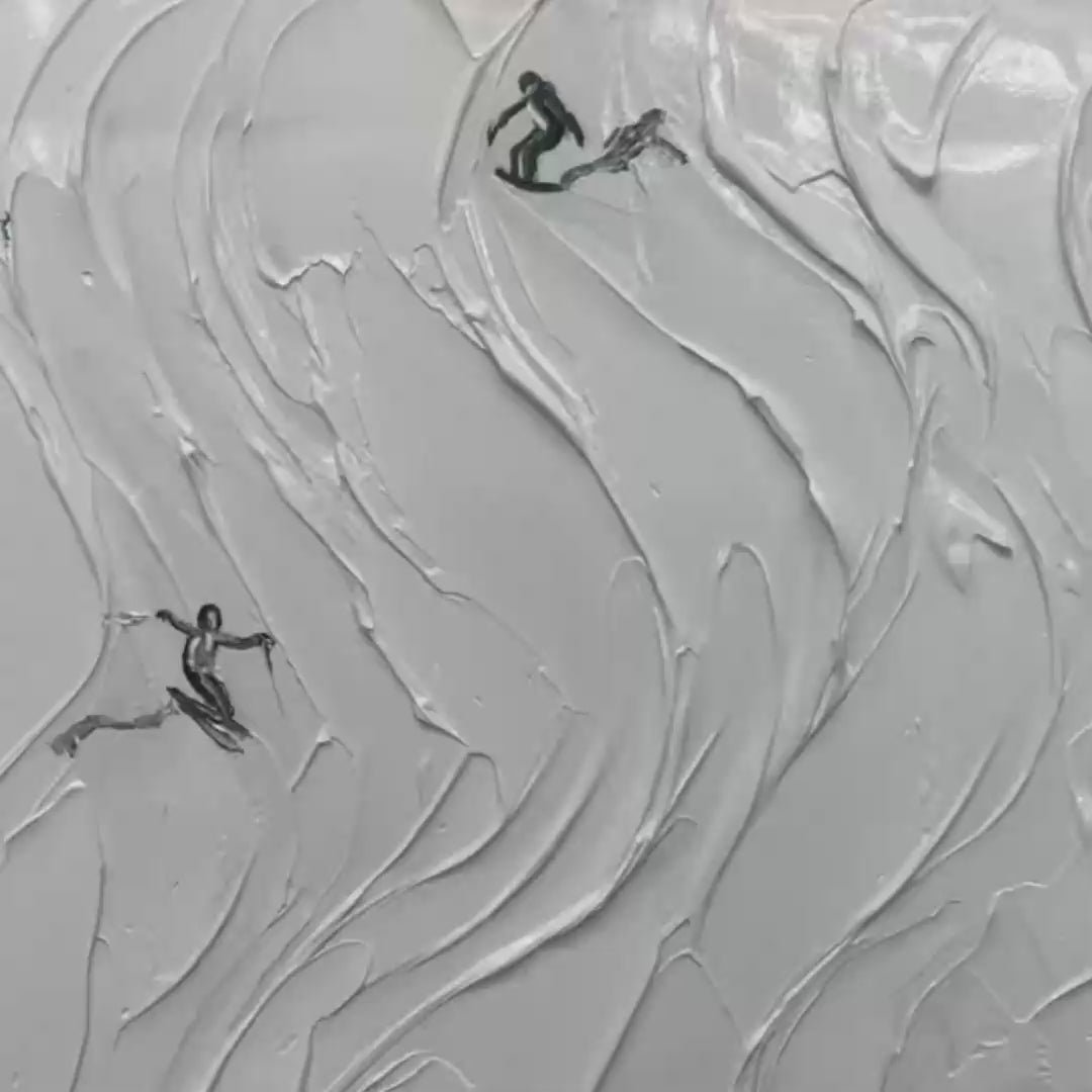 Textured painting of skiers and snowboarders on a snowy slope, winter sports wall art.