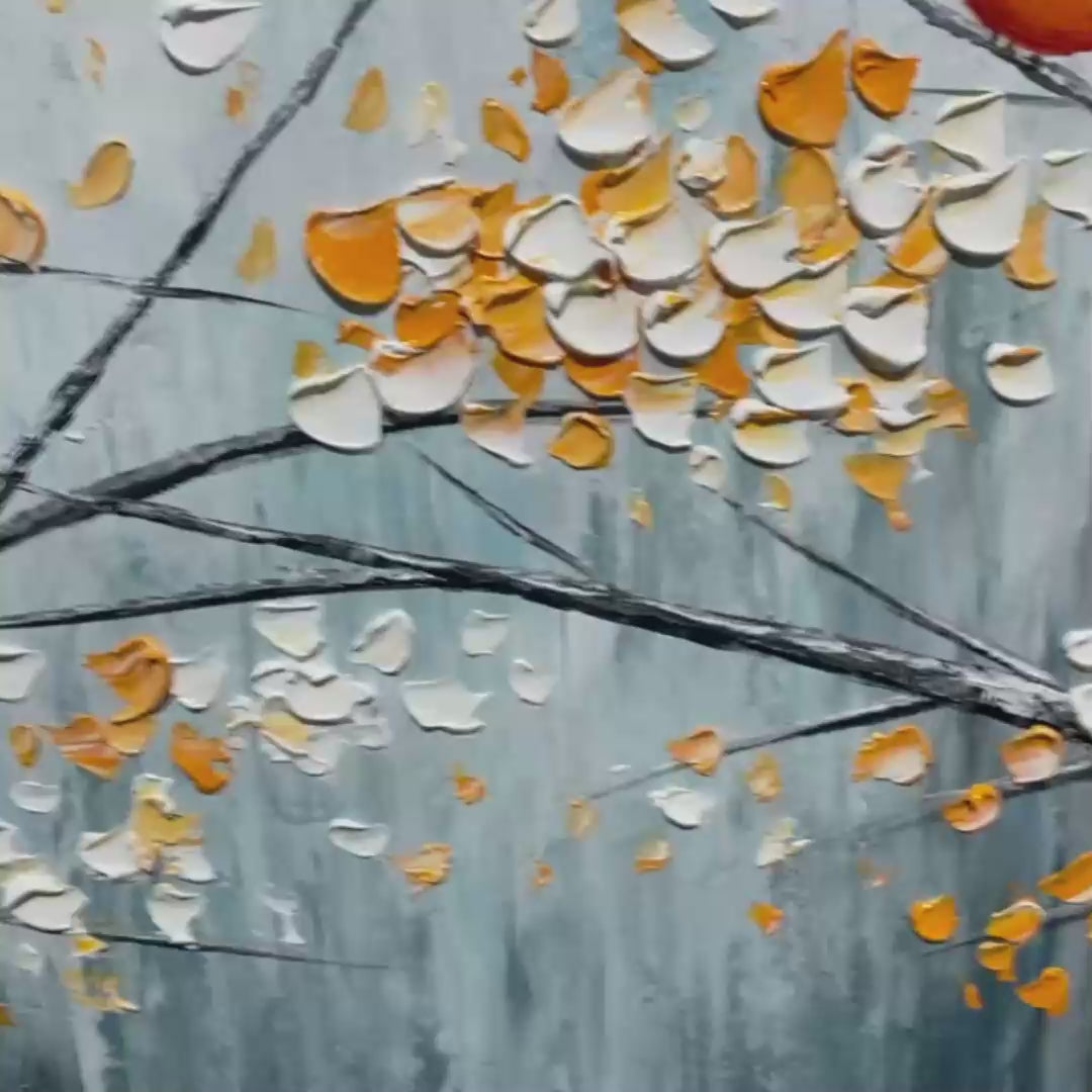 Red Bird on Branches: Horizontal Bird Painting | Blossoming Branches | Textured Wall Art | Blue