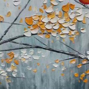 Red Bird on Branches: Horizontal Bird Painting | Blossoming Branches | Textured Wall Art | Blue