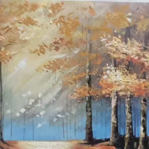 Textured "AUTUMN TRAIL" oil painting by Liam O'Connell. Autumn forest path with sunlight and colorful trees.