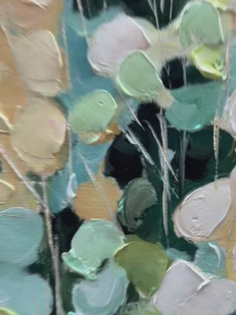 Secret Garden: Vertical Abstract Floral Painting | Textured Green & Pink Garden | Living Room, Bedroom, Dining Room