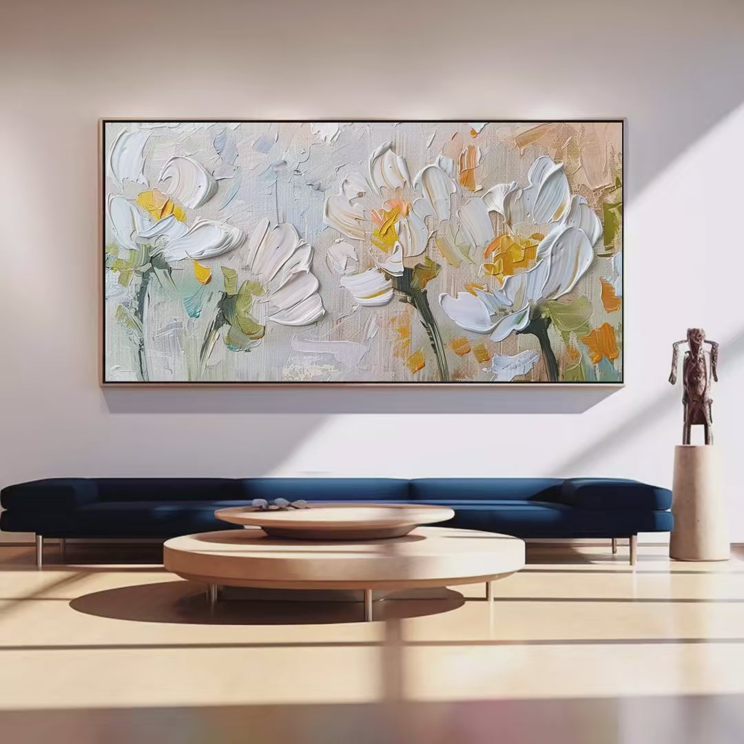 White Blossoms: Textured Impasto Floral Painting in White and Beige | Floral Decor