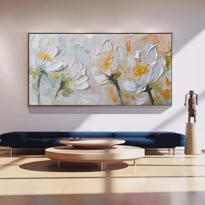 White Blossoms: Textured Impasto Floral Painting in White and Beige | Floral Decor