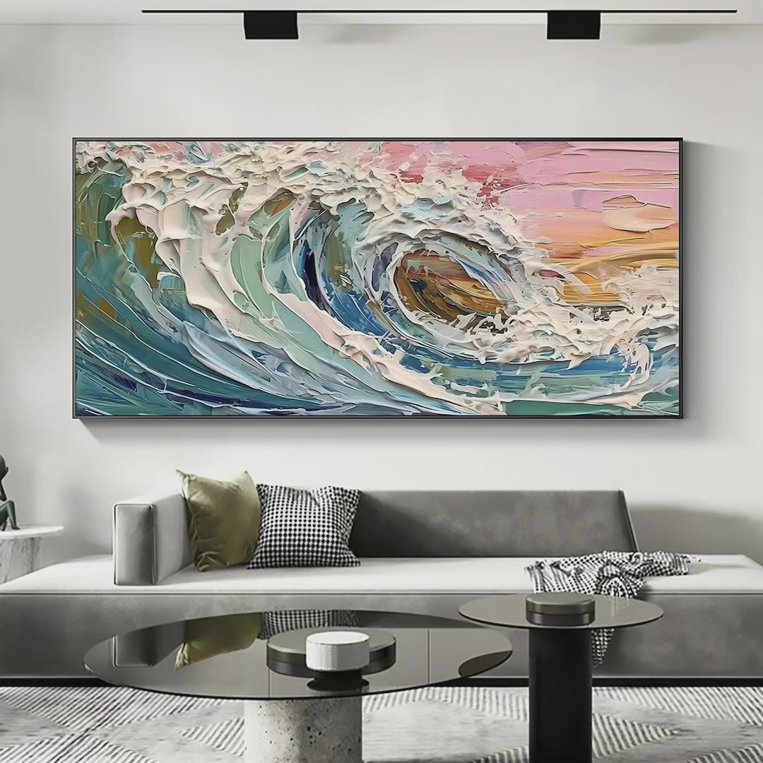 Coral Crest: Textured Ocean Wave Painting in Pink and Blue for Coastal Decor