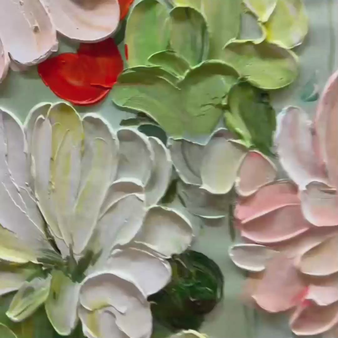 GARDEN DELIGHT Textured Floral Painting, Impasto Palette Knife, Horizontal Canvas, Garden Wall Art