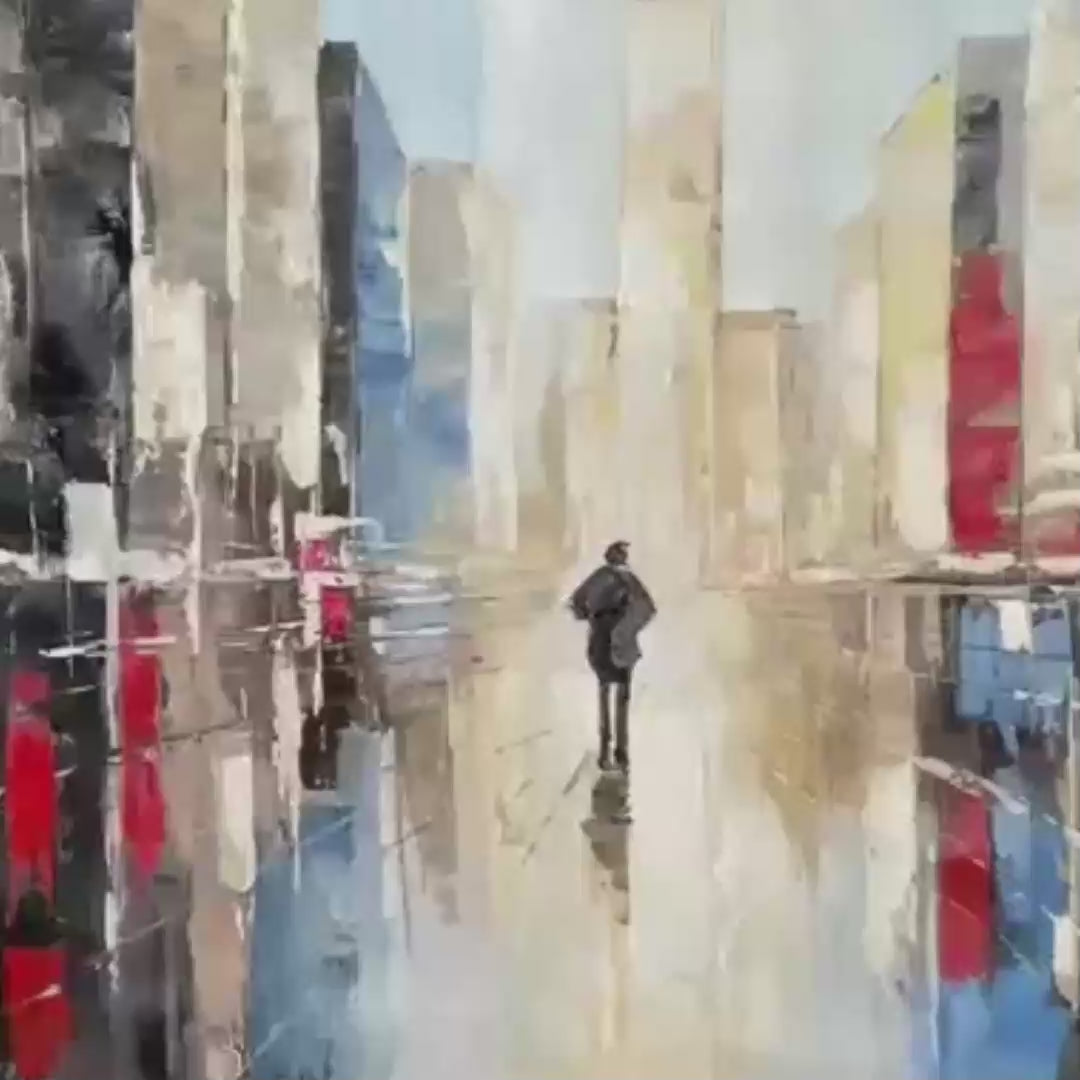 Urban Solitude abstract cityscape painting by Javier Ramirez. Solitary figure on wet street with red & blue details.