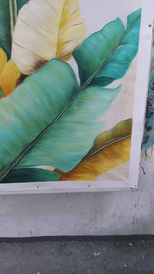 Green and Yellow Tropical Leaf Oil Painting - Hand-Painted Wall Art Decor