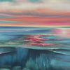 Liam O'Connell's Coral Reef Sunset square wall art painting, vibrant pink and orange sky reflecting on blue ocean.