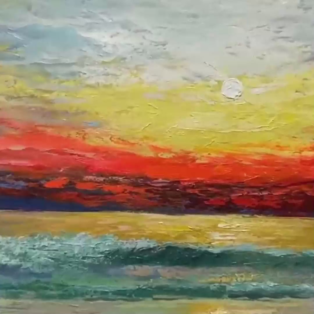 Fiery Kiss: Original Coastal Sunset Oil Painting - Vibrant Ocean Landscape Wall Art