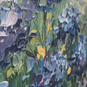 Blue Ridge Dawn: Panoramic Landscape Oil Painting with Hydrangeas and Sunrise on Canvas