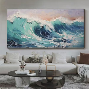 Textured turquoise ocean wave painting, white foam, blues, greens, peach sky. Panoramic seascape wall art.
