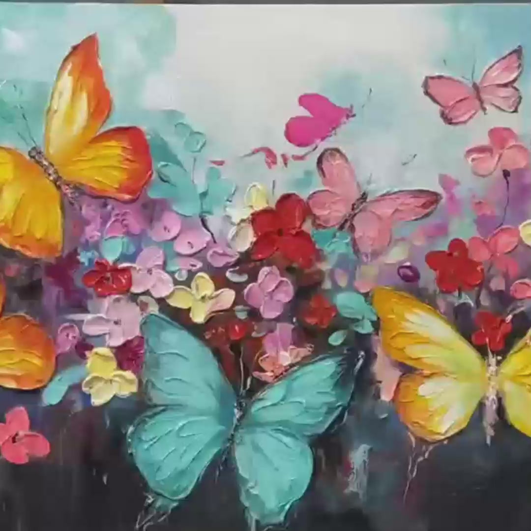 Butterfly Waltz: Colorful Butterfly and Floral Impasto Oil Painting Canvas Wall Art Decor