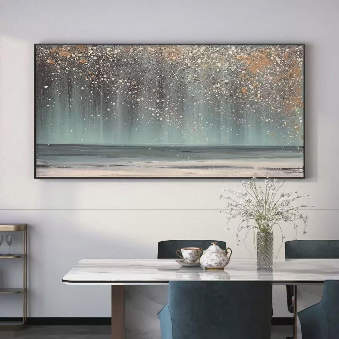 Aurora Dust: Textured Abstract Ocean Painting with Gold Accents for Tranquil Decor