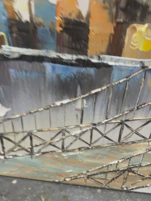 Urban Connectivity: Panoramic Cityscape Oil Painting with Bridge on Canvas