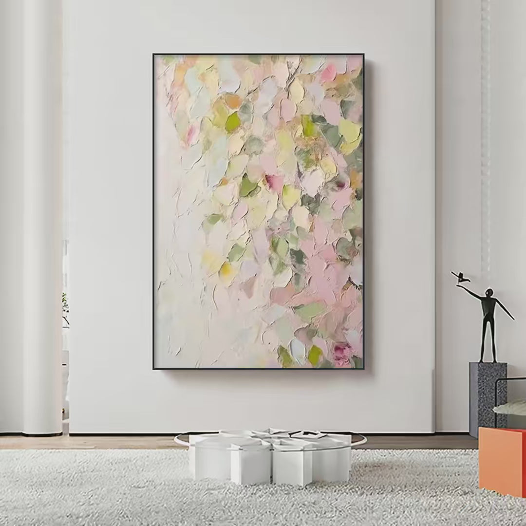 Blushing Blooms: Textured Abstract Floral Painting | Pastel Pink and Green Wall Art | Vertical Canvas | Impasto Decor