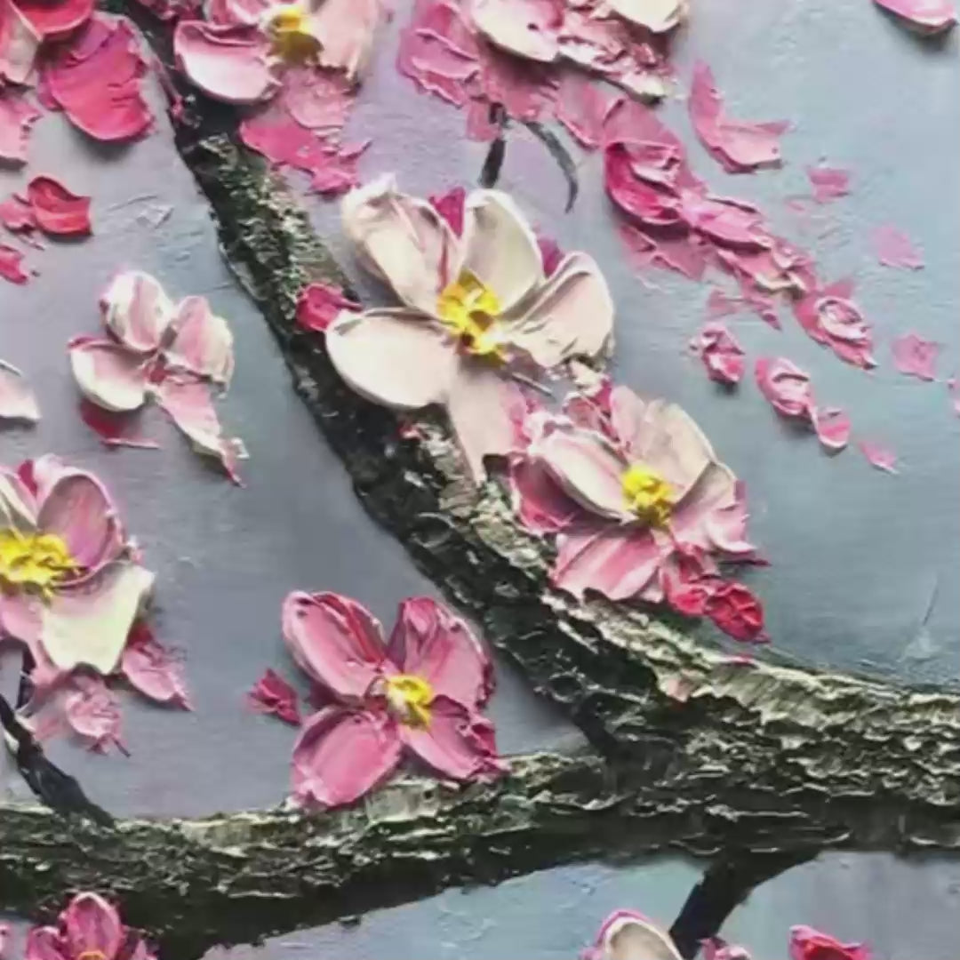 Springtime Serenade cherry blossom painting. Textured pink flowers, horizontal wall art, framed.
