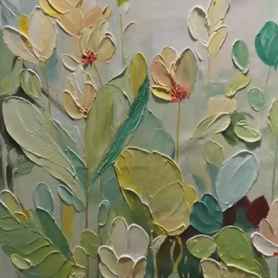 Textured Floral Painting, Green and White Wall Art, Vertical Canvas, Impressionist Decor