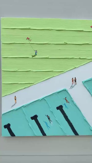 AQUA PROMENADE: Minimalist Poolside Cityscape Oil Painting