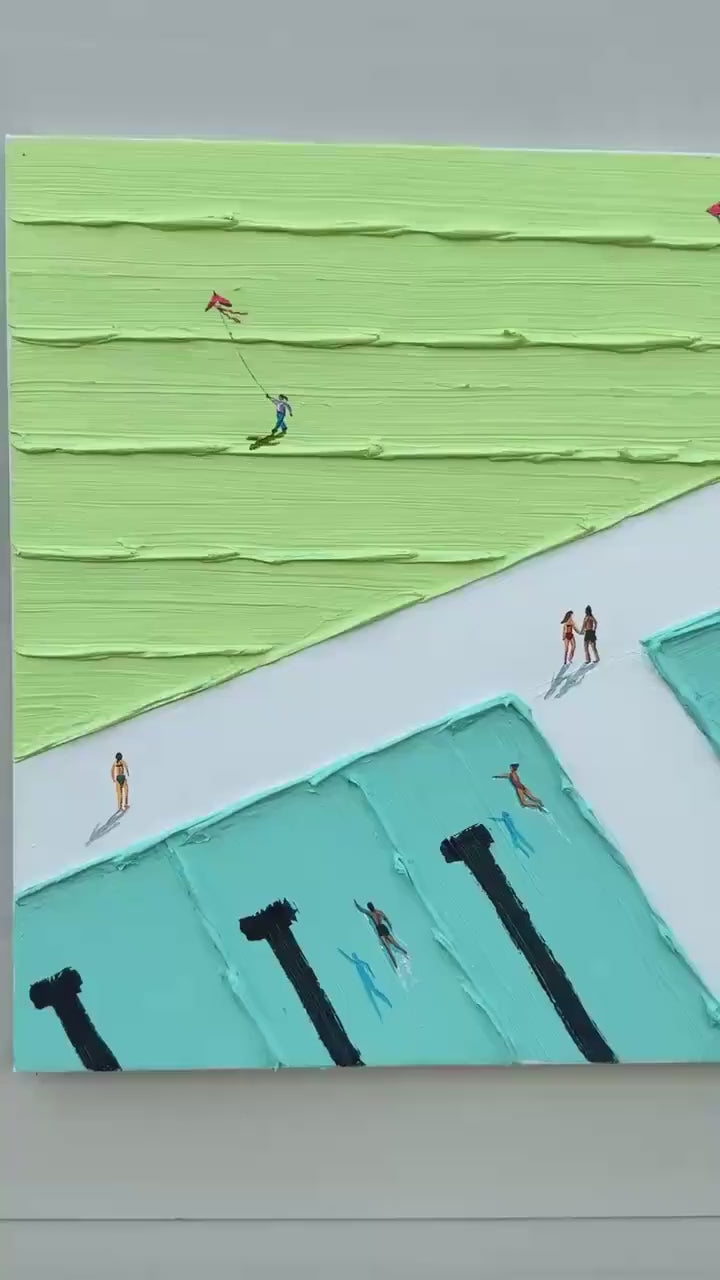 AQUA PROMENADE: Minimalist Poolside Cityscape Oil Painting