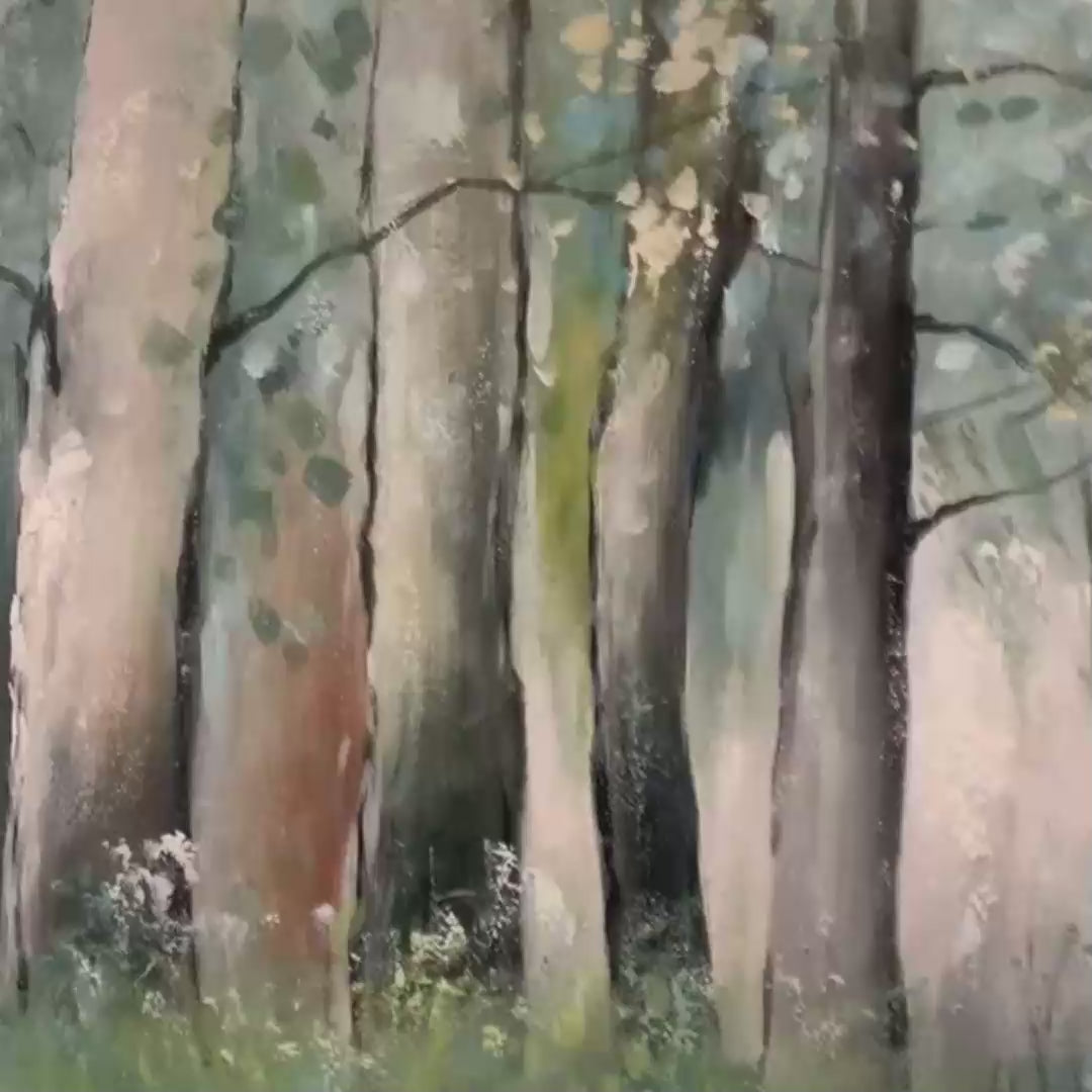 Green and gold misty forest landscape painting with shimmering gold leaf details.