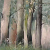 Green and gold misty forest landscape painting with shimmering gold leaf details.