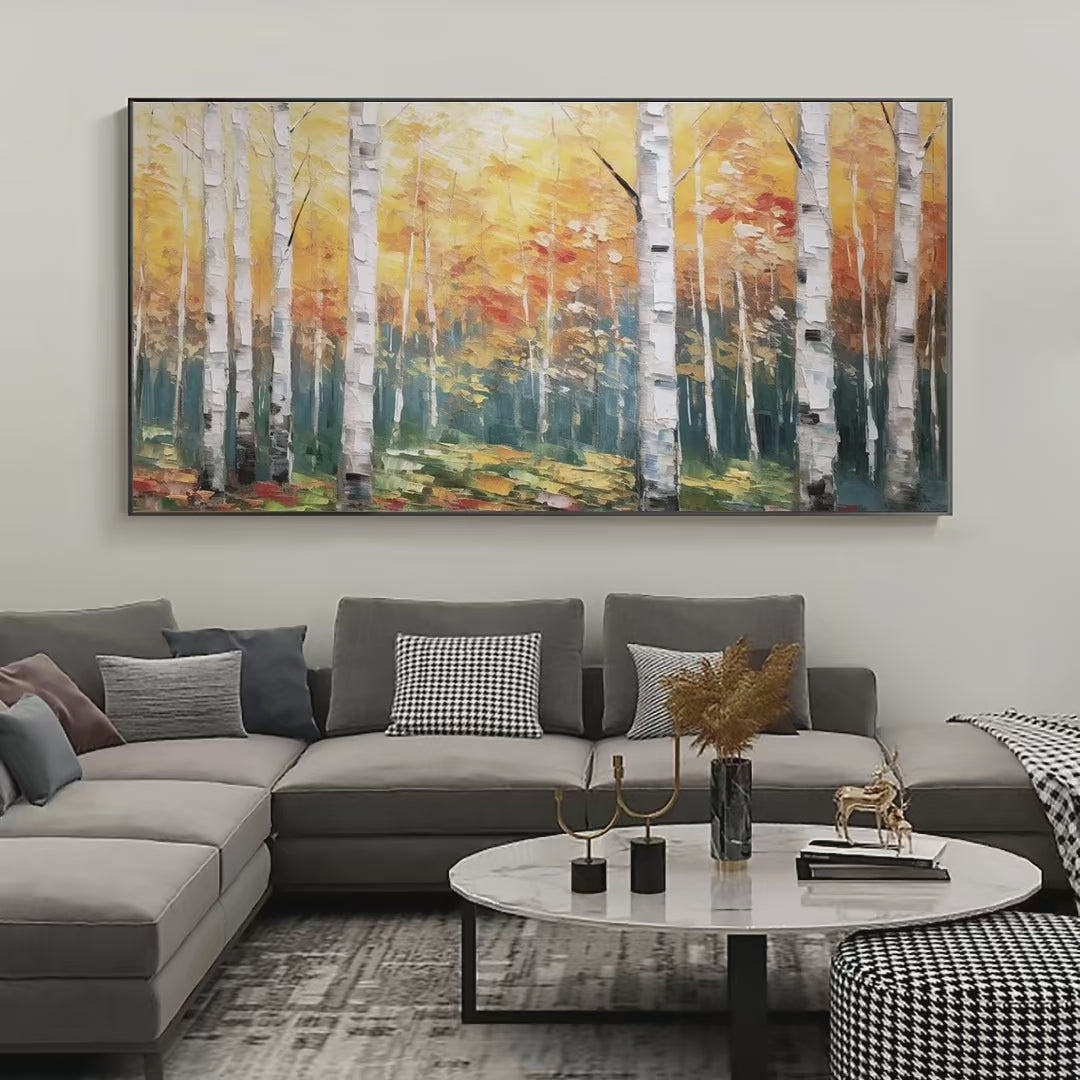 Golden Birch Grove: Forest Painting in Yellow and White | Forest Decor