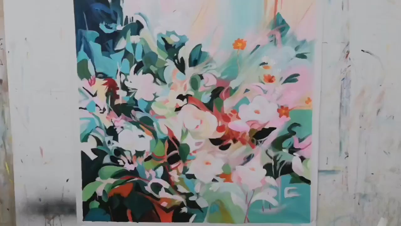 Secret Garden: Square Impressionistic Floral Oil Painting in Soft Hues on Canvas