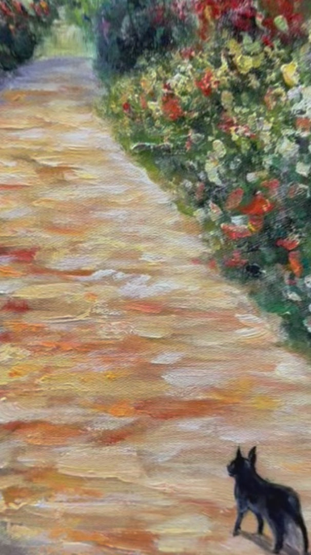 Windmill Way: Original Village Garden Path Oil Painting - Colorful Landscape Wall Art