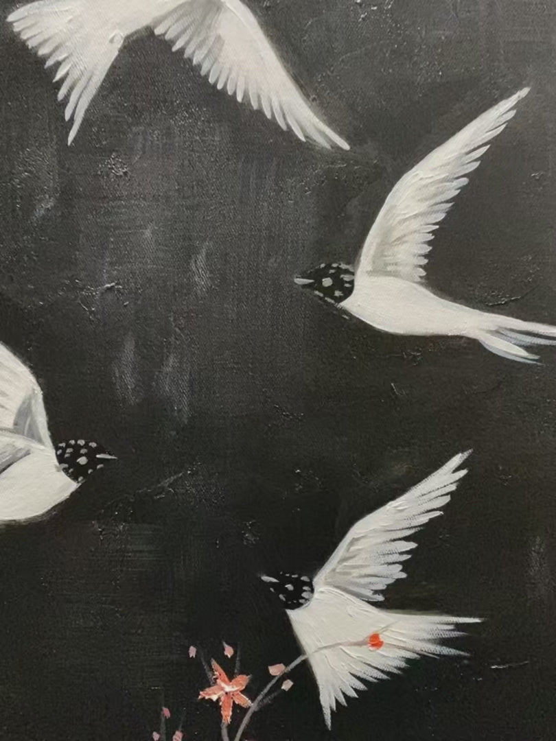 Dancing in the Dark: Beaded Birds and Blossoms Artwork - Elegant Nature Wall Decor