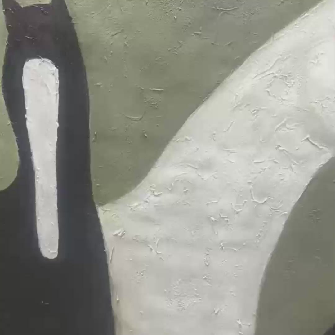 Minimalist black and white horse painting with three stylized horses on sage green background in gold frame.