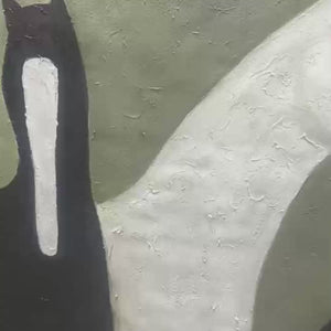 Minimalist black and white horse painting with three stylized horses on sage green background in gold frame.