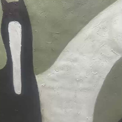 Minimalist black and white horse painting with three stylized horses on sage green background in gold frame.