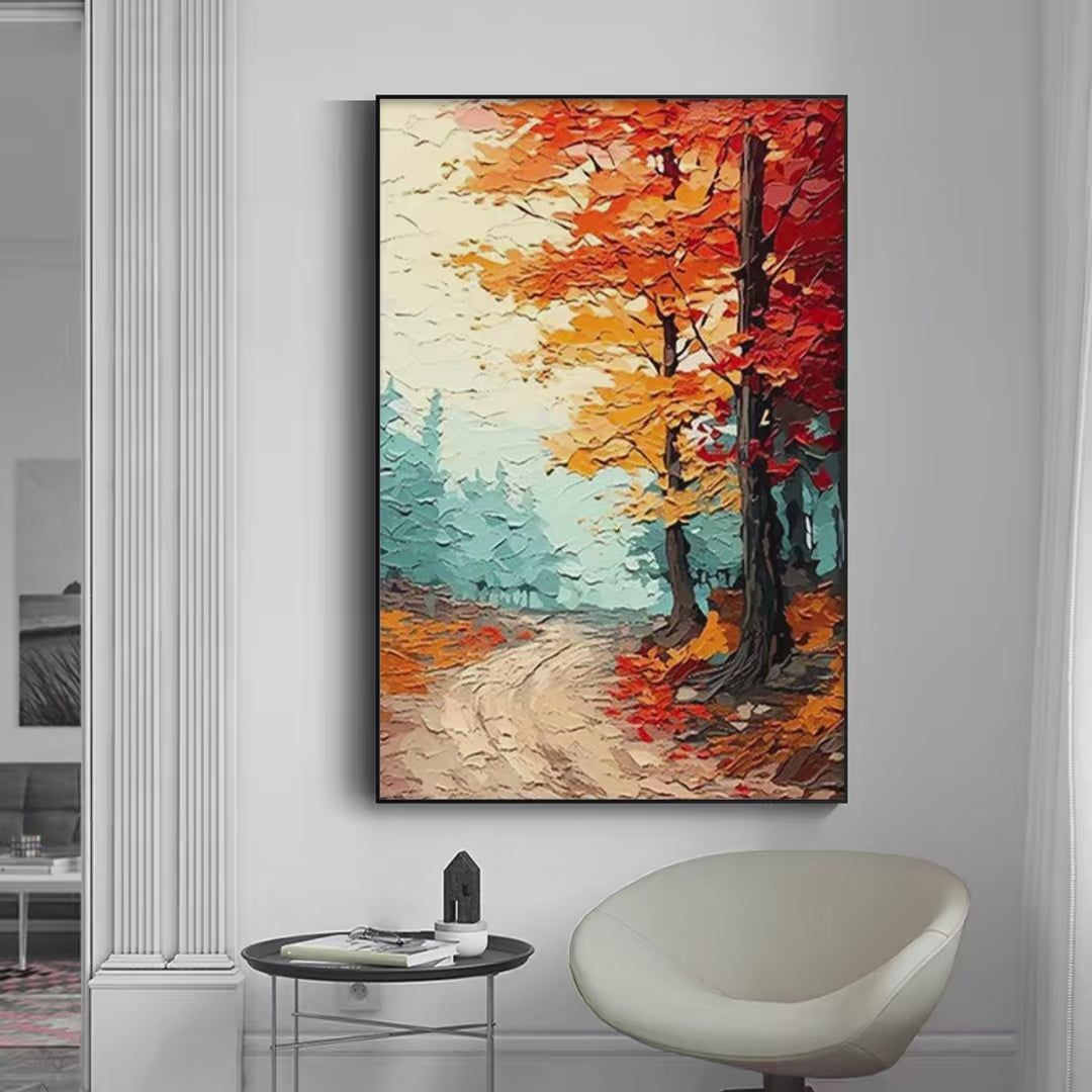 Autumn Path: Textured Forest Path Painting | Orange and Blue Wall Art | Vertical Canvas | Impasto Decor