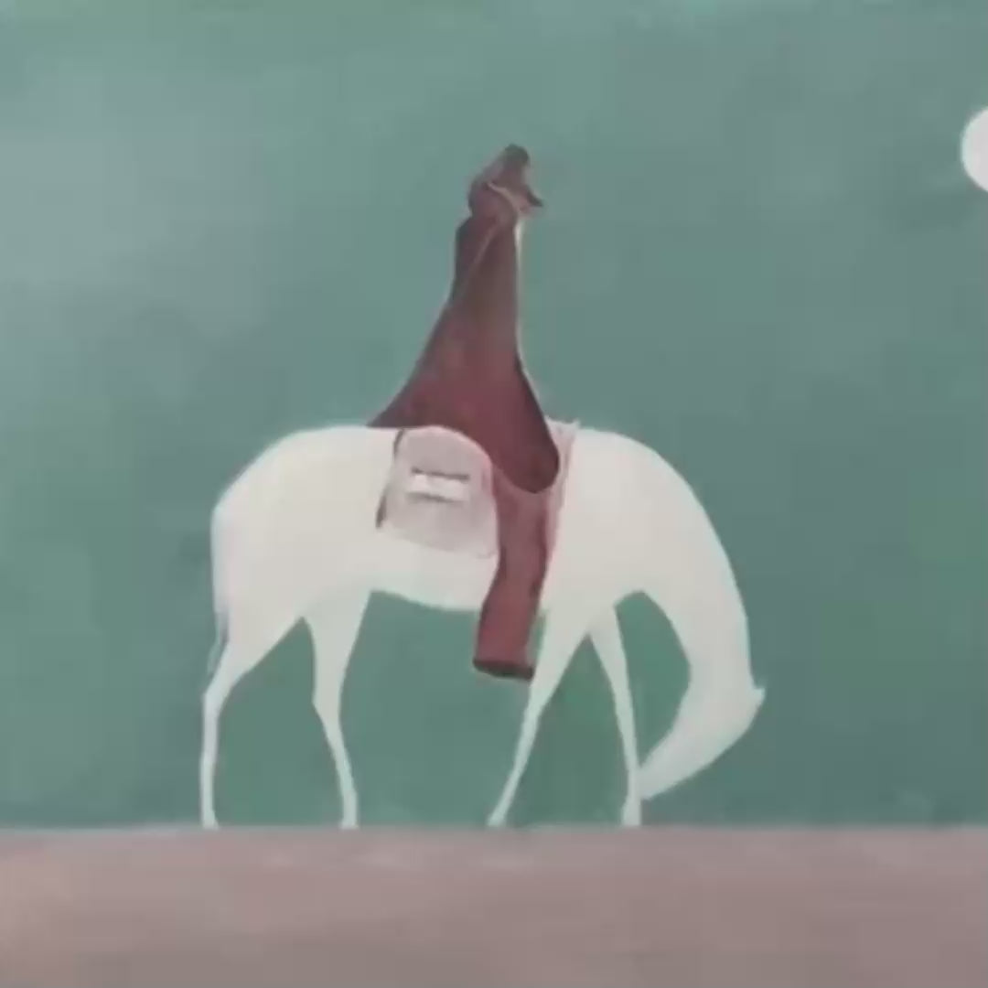 Solitary Rider minimalist painting by Liam O'Connell, featuring a white horse and rider under a full moon, in a black frame.