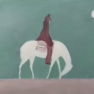 Solitary Rider minimalist painting by Liam O'Connell, featuring a white horse and rider under a full moon, in a black frame.