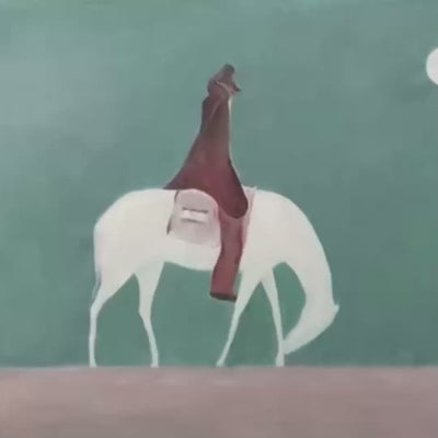 Solitary Rider minimalist painting by Liam O'Connell, featuring a white horse and rider under a full moon, in a black frame.